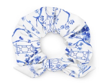 Chinoiserie Scrunchie, Blue and White Hair Bow, Chinoiserie Pagoda Gift for Her