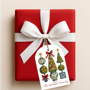 Custom Topiary Christmas Tree Arched Gift Tags, Personalized Chinoiserie Gift Tags, Grandmillenial Holiday Gift Tags, Family Name Christmas