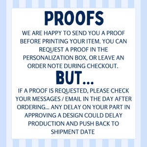 May include: A white card with blue text that reads "PROOFS". The text explains how to request a proof before printing and the importance of timely approval to avoid delays in production and shipping.