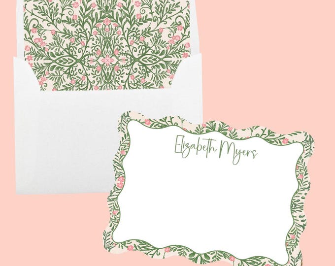 Personalized Pink & Green Floral Print Stationery Cards | Custom Chinoiserie Scalloped Flat Note Cards, Grandmillenial Gift for Her