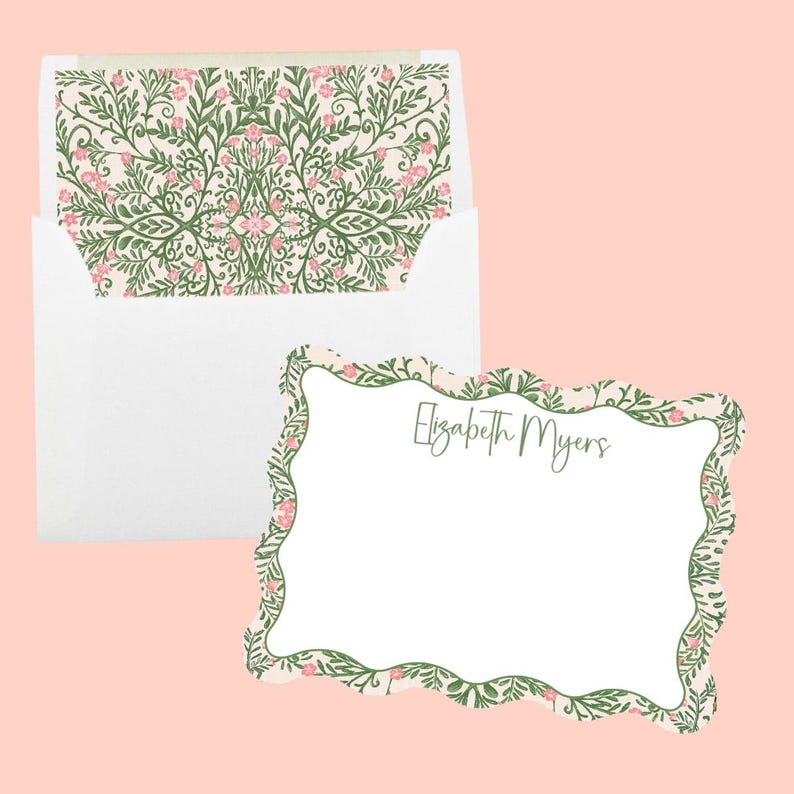 Personalized Pink & Green Floral Print Stationery Cards | Custom ...