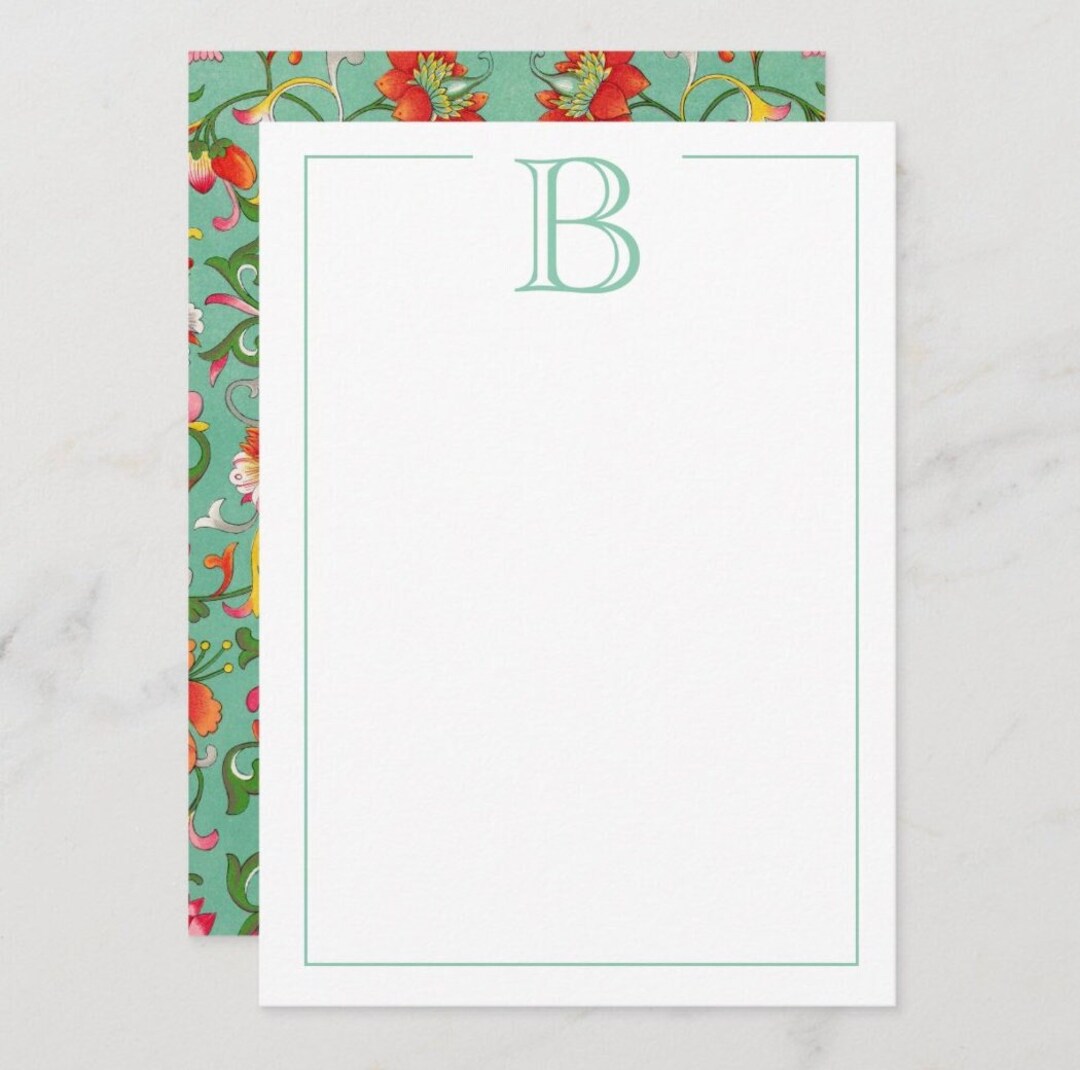 Green Monogram Flat Stationery Cards Green and Pink Floral Etsy