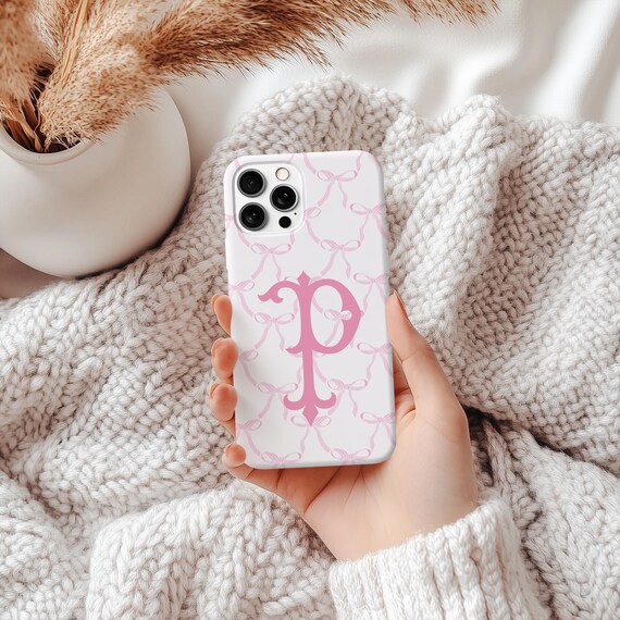 Pink and White Bow Pattern Monogram Phone Case, Coquette Pink Ribbon iPhone 17 Case Pink and White Bow Pattern Monogram Phone Case, Coquette Pink Ribbon iPhone 17 Case
