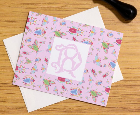 Monogrammed Pink Bugs Folded Stationery Cards, Girly Preppy