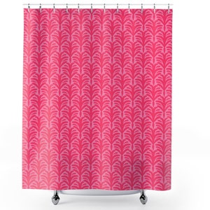 May include: A pink shower curtain with a repeating pattern of stylized pink leaves.