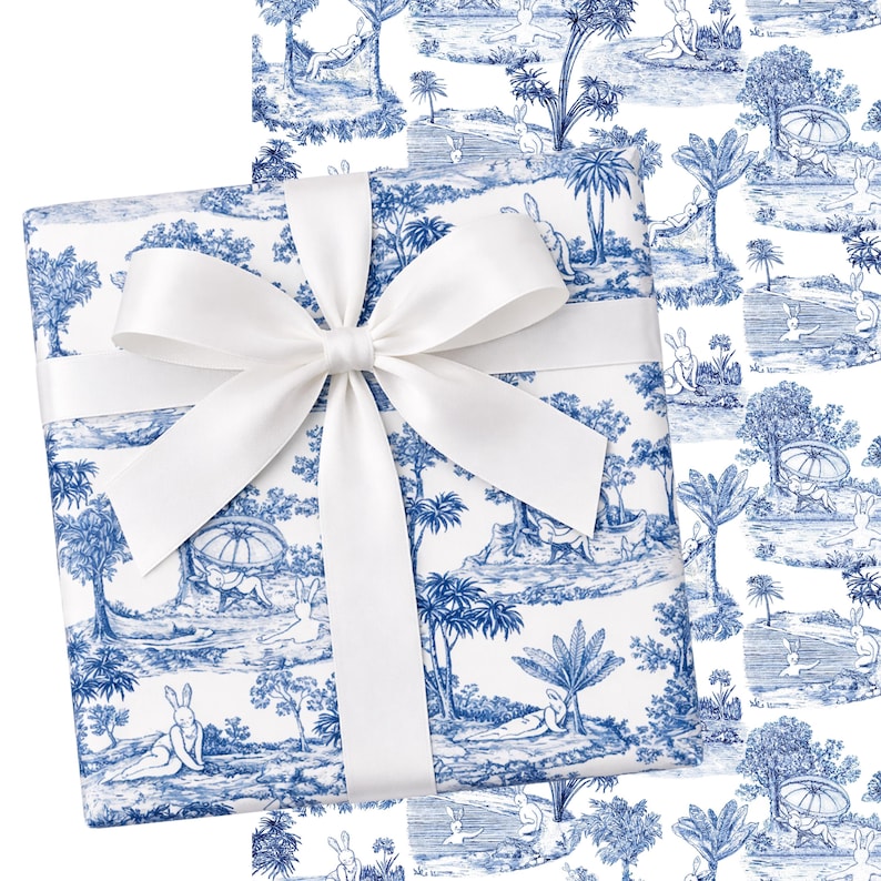 Blue and White Toile Wrapping Paper, Bunny Rabbit Toile Chinoiserie Gift Wrap, Easter Wrapping Paper, Blue and White Floral Paper 画像 1