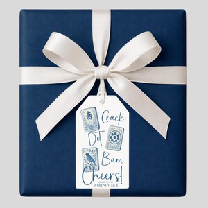 Crack Dot Bam Cheers! Custom Mahjong Gift Tags, Personalized Chinoiserie Mahjong Tile Gift Tags, Blue and White Grandmillenial Gift Tags image 4