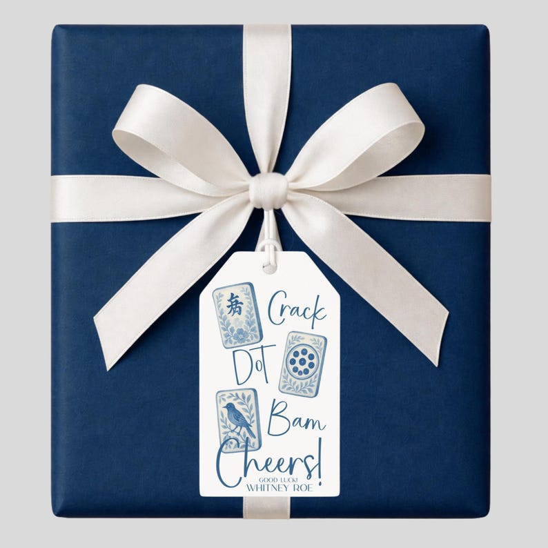 Crack Dot Bam Cheers! Custom Mahjong Gift Tags, Personalized Chinoiserie Mahjong Tile Gift Tags, Blue and White Grandmillenial Gift Tags image 4
