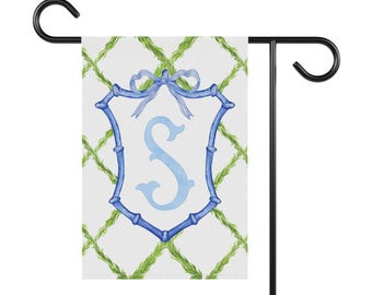 Bamboo Watercolor Monogram Crest Garden Flag, 12&#39;&#39; × 18&#39;&#39;, Chinoiserie Blue and White Plant Flag, Spring Garden Banner, Personalized