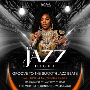 May include: A promotional poster for a jazz night event. The image features a woman holding a microphone, wearing a jeweled outfit. Text includes "JAZZY BEATS DANCE CLUB", "THE JAZZ NIGHT", and event details.