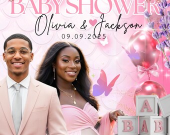 May include: A pink baby shower invitation featuring a couple, balloons, and baby blocks spelling "BABY". The text includes "BABY SHOWER", the names "Olivia & Jackson", and the date 09.09.2025. Additional text reads "GAMES AND GIFTS, FOOD AND FUN".