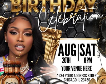 May include: A birthday celebration invitation with a woman's portrait, gold and black balloons, and a bottle of Don Julio tequila. The invitation includes the text "BIRTHDAY Celebration" and event details: August 20th, Saturday, 8 PM, and the venue address.