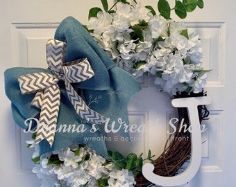 Made To Order Monogram Hydrangea Grapevine Wreath with Burlap Bow