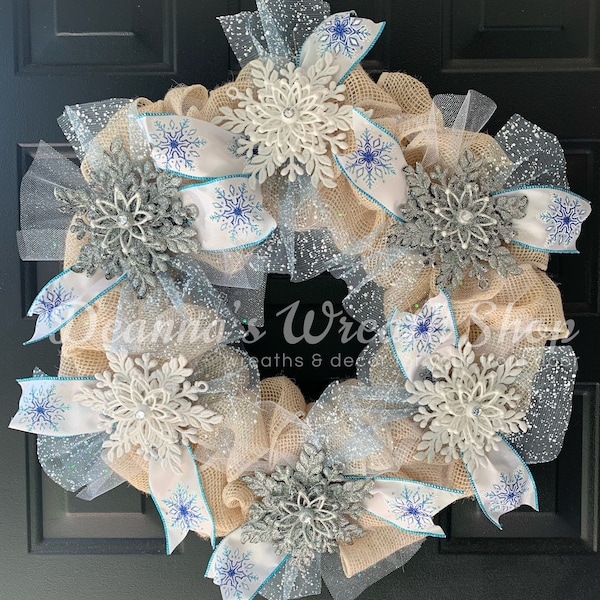 Winter White and Blue Snowflake Wreath | Holiday Wreath | Hanukkah Wreath | Snowflake Decor | Housewarming Gift | Hostess Gift