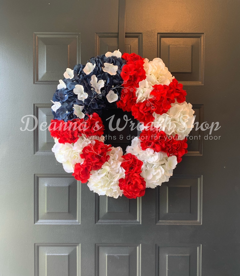 American Flag Patriotic Hydrangea Floral Red White and Blue Wreath - Etsy