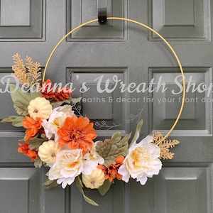 Fall Orange & Cream Peony and Dahlia Pumpkin Hoop Wreath