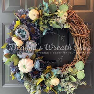 Dusty Blue Fall Grapevine Wreath | Floral Pumpkin Wreath | Fall Wreath with Pumpkins & Gourds