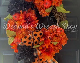 Elegant Halloween Wreath | Halloween Floral Wreath | Orange and Black Halloween Wreath | Halloween Hydrangea Wreath | Pumpkin Wreath
