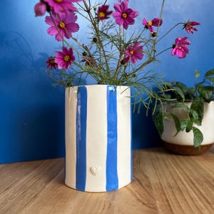 Op de afbeelding: Een witte keramische vaas met blauwe verticale strepen en een klein wit hartje aan de voorkant. De vaas is gevuld met roze kosmosbloemen.