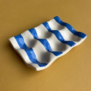 Handcrafted ceramic egg box, kitchen storage, fridge storage, Storage tray for 6 eggs, cobalt blue stripes