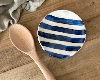 Handcrafted ceramic spoon rest, Navy blue striped kitchen storage - sailor top