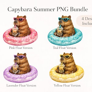 Capybara Sommar PNG-paket - Rosa, Blågrön, Lavendel & Gul Poolmadrass Boba Tea Sublimeringsdesigner