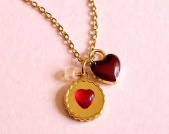 Gold Jammy Biscuit Necklace, Red Heart Charm Necklace, Cute Food Jewellery, Dainty Gold Necklace, Biscuit Lover Gift
