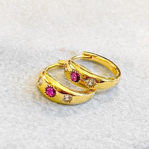 Gold Huggie Hoop Earrings with Ruby CZ Stones, Dainty Starburst Gemstone Hoops, Romantic Stacking Earrings, July Birthstone Gift for Her