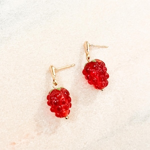 Raspberry Cluster Dangle Earrings, Gold Hoop, Wine Red Fruit Jewelry