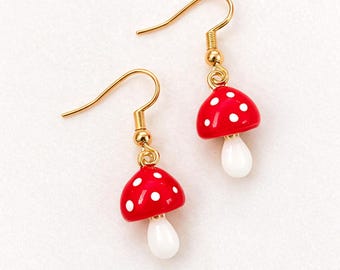 Mushroom Drop Earrings, Cute Red Toadstool Earrings, Cottagecore Jewellery, Fairycore Earrings, Whimsical Mushroom Jewellery
