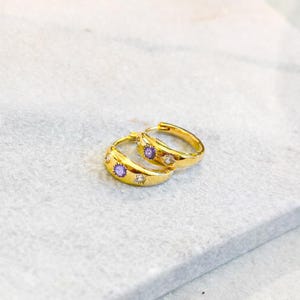 Gold Huggie Hoop Earrings with Ruby CZ Stones, Dainty Starburst Gemstone Hoops, Romantic Stacking Earrings, July Birthstone Gift for Her