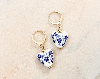 Blue and White Floral Heart Drop Earrings, Porcelain Delft Style Jewelry, Gold Huggie Hoops