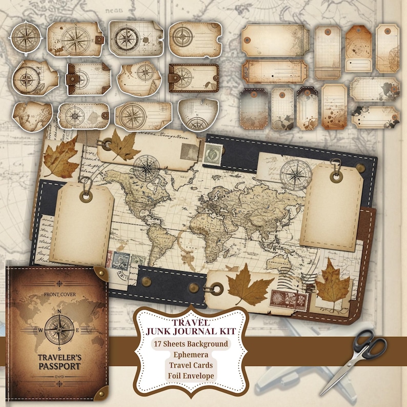 Vintage Travel Junk Journal Kit | Retro Explorer Ephemera Tags Labels ...