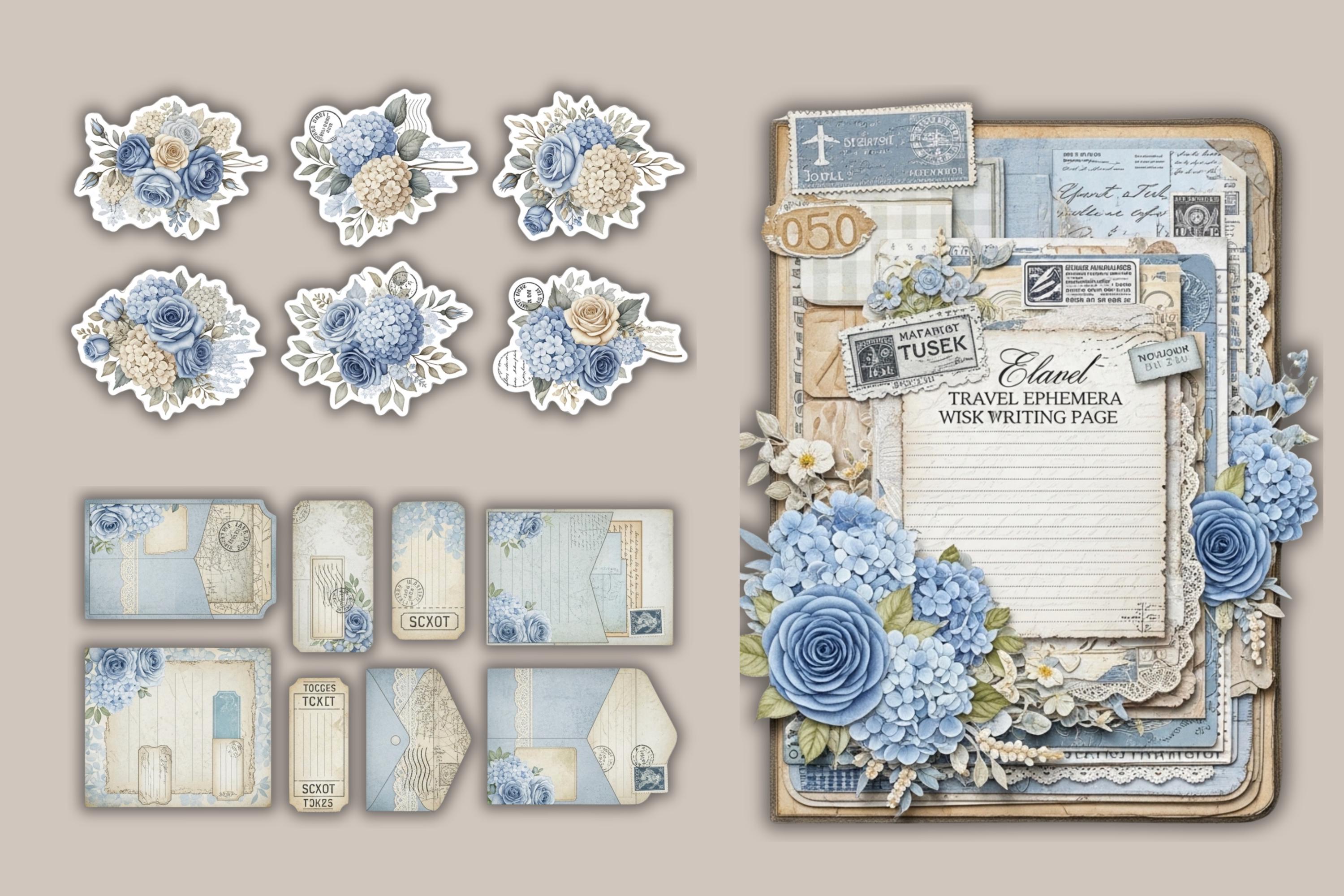Vintage Blue Floral Junk Journal Kit | Shabby Chic Botanical Ephemera ...