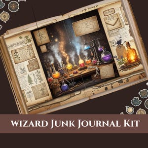 May include: An open junk journal kit with a wizard theme. The journal pages feature illustrations of potions, herbs, and laboratory equipment. The image includes the text "WIZARD JUNK JOURNAL KIT". The color palette includes browns, yellows, and purples.
