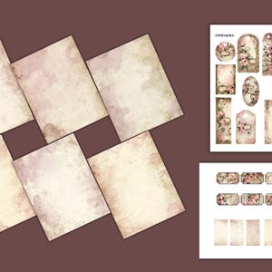 May include: A collection of six rectangular sheets with a distressed, aged paper texture in shades of cream and dusty rose. Included are two white sheets featuring various die-cut tags, labels, and rectangular ephemera with floral motifs.
