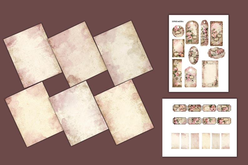 May include: A collection of six rectangular sheets with a distressed, aged paper texture in shades of cream and dusty rose. Included are two white sheets featuring various die-cut tags, labels, and rectangular ephemera with floral motifs.