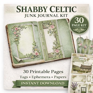 Kit Imprimible de Junk Journal Celta Shabby, Verde Vintage, Diario Shabby Chic, Efímera, Tarjetas, Etiquetas, Páginas Rústicas, Scrapbook