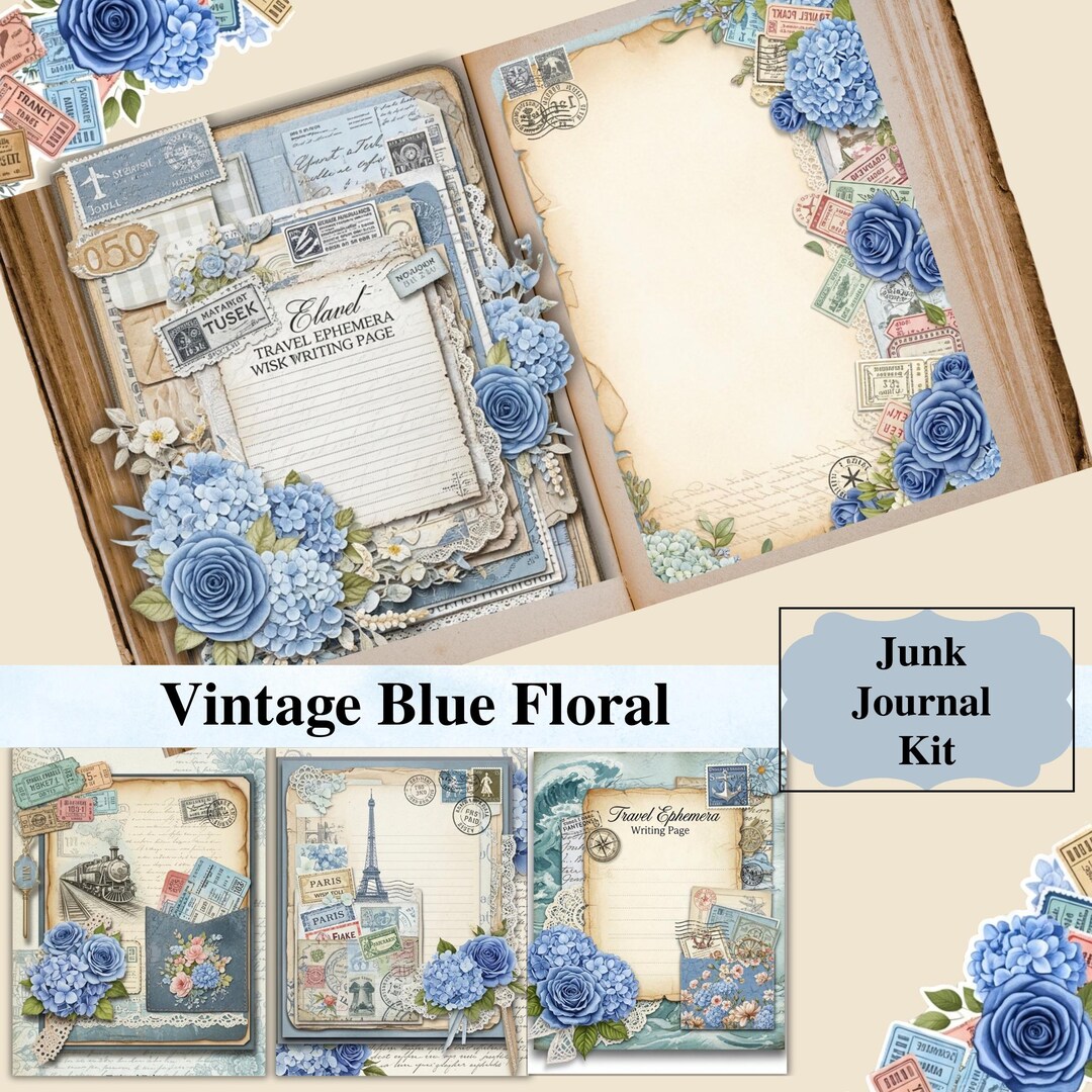 Vintage Blue Floral Junk Journal Kit | Shabby Chic Botanical Ephemera ...