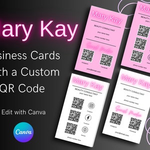 6 Mary Kay visitekaartjes, Canva visitekaartjes met bewerkbare QR-codes, schoonheidsconsulenten, aangepaste kaarten, Canva bewerkbaar, voor- en achterkant