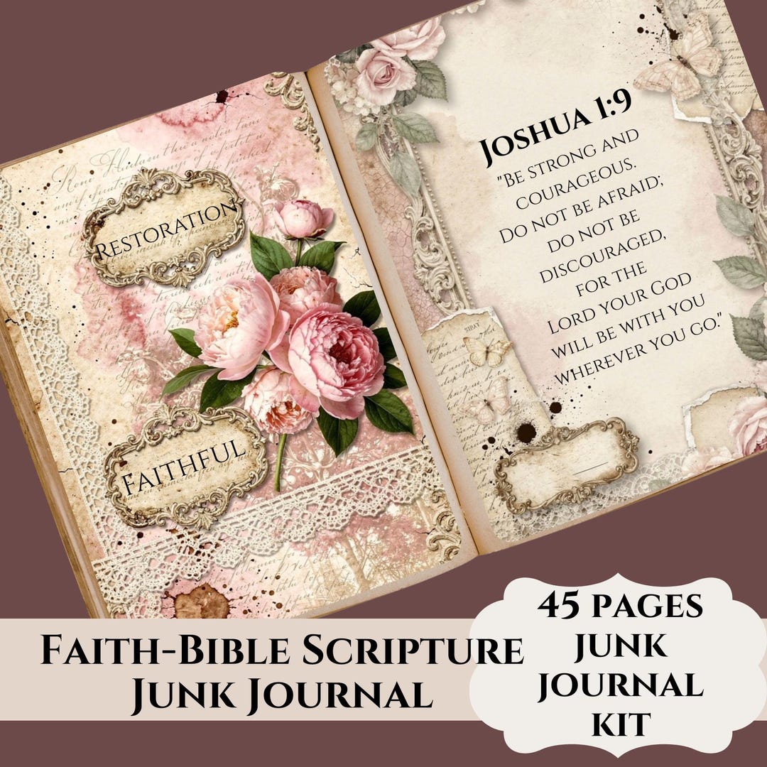 Faith Bible Scripture Junk Journal Kit 45 Pages Printable Christian, Vintage, Floral Scrap