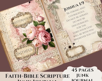 Faith Bible Scripture Junk Journal Kit 45 Pages Printable Christian, Vintage, Floral Scrapbook Kit Digital Download Religious Journal Pages
