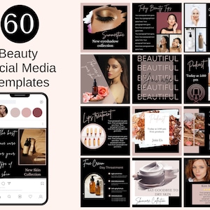 60 Beauty Skincare, Instagram, Facebook Beauty Salon Templates, Canva editable, Beauty Consultant, Canva mockups, Esthetician Salon.