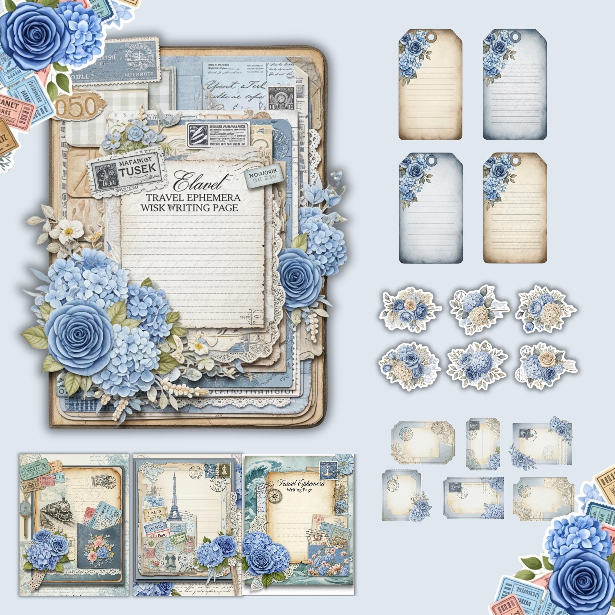 Vintage Blue Floral Junk Journal Kit | Shabby Chic Botanical Ephemera ...