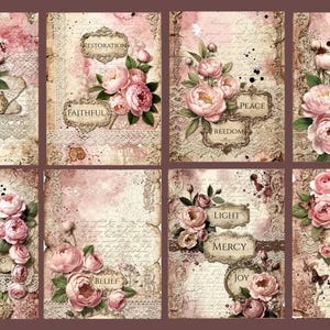 May include: A set of eight rectangular cards featuring pink peony illustrations, lace textures, and vintage script backgrounds. Each card displays ornate frames containing words such as Surrendered, Restoration, Faithful, Peace, Freedom, Trust, Endurance, Healing, Patience, Belief, Light, Mercy, Joy, and Love.
