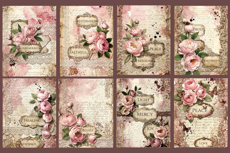 May include: A set of eight rectangular cards featuring pink peony illustrations, lace textures, and vintage script backgrounds. Each card displays ornate frames containing words such as Surrendered, Restoration, Faithful, Peace, Freedom, Trust, Endurance, Healing, Patience, Belief, Light, Mercy, Joy, and Love.