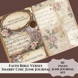May include: A junk journal kit featuring 50 pages with vintage-style designs. The pages include floral rose illustrations, musical notation, postage stamps, lace patterns, and the text "WITH GOD ALL THINGS ARE POSSIBLE" and "MATTHEW 19:26" in frames.