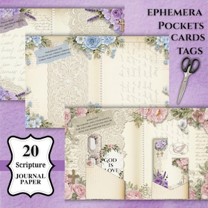 May include: A collection of ephemera, pockets, cards, and tags with a vintage aesthetic. The designs feature floral arrangements, lace, and scriptural text. The image includes scissors and a label that reads "20 Scripture Journal Paper."