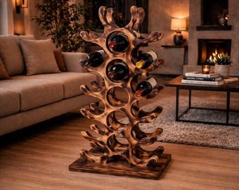 Weinregal Holz Design | Skulpturaler Weinständer handgefertigt | Modernes Weinregal stehend | Geschenk für Weinliebhaber | Wohn Deko Holz