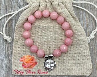 Pink Agate Beads - Awareness Bracelet - Mom Gift - Cross Charm Bracelet - Beaded Bracelet - Bracelet Stack - For Women - Gemstone Bracelet
